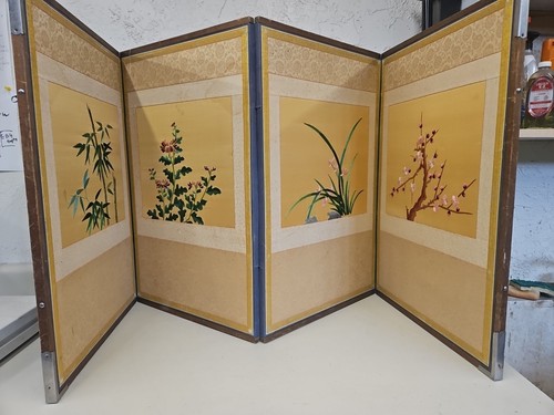Vintage asiatische Stickerei Blumen 4 Panel Wandbehang Trennwand. MC1 - Bild 11 von 15