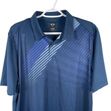 New Oakley Mens Striped Shadow Performance Polo Shirt Medium Blue Stretch read