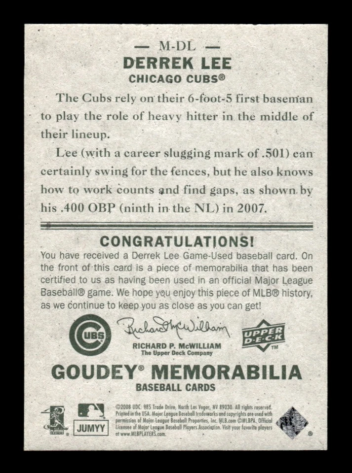 2008 Upper Deck Goudey #M-DL Derrek Lee Memorabilia - Image 2 of 2