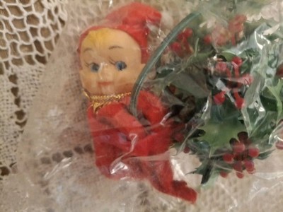 Knee Hugger Pixie Elf Hanging On Mistletoe Ball Retro Christmas Tree Ornament ,