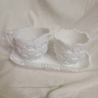 Vintage Westmoreland  Quilt Milk Glass Creamer and Sugar with tray