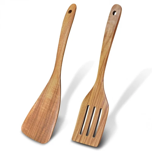 2 Pcs Wooden Spoons for Cooking,(Fried Spatula&Slotted Spatula). Teak Wood Kitch - Picture 1 of 12