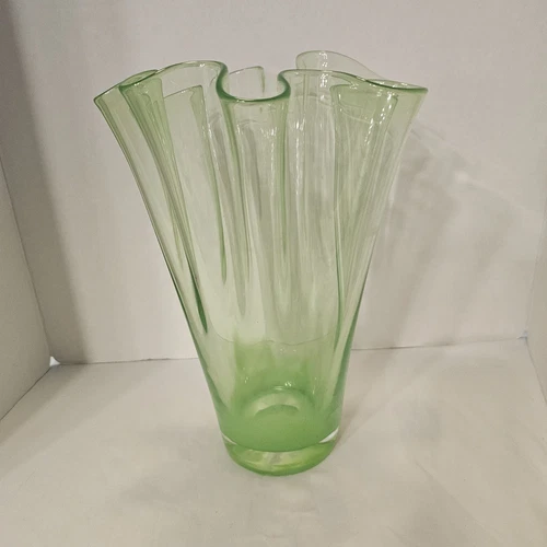 Vintage Stunning 13" Murano Green Handkerchief Freeform Cased Glass Vase XL