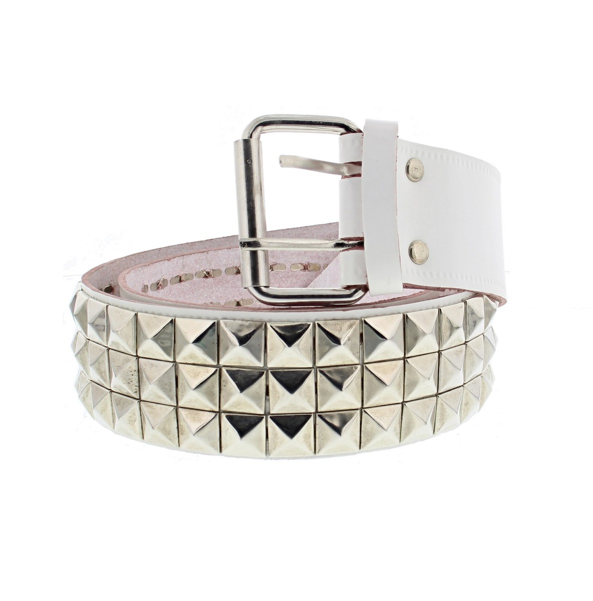 Three Row Pyramid Studded White Leather Belt - 3 Sizes