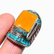 Yellow Coral Turquoise Gemstone Ring Tibetan Silver Nepali Jewelry 8.25" NR 3227
