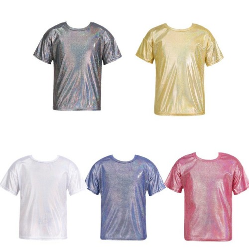 Kid Girls Boys Shiny Metallic Modern Dance Jazz Top Performance Blouse Dancewear - Bild 2 von 22