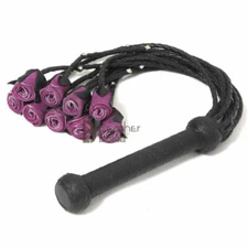 Real Genuine Cow Hide Leather Flogger 9 Braided Falls Heavy Purple Roses & Studs