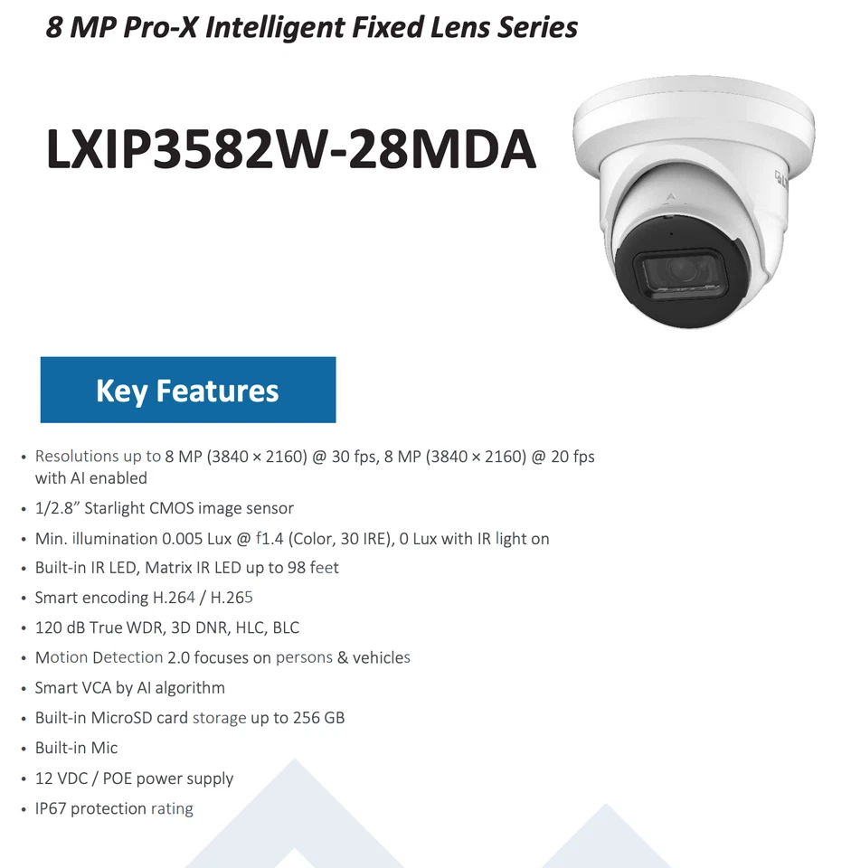 LXIP3582W-28MDA PRO-X 8MP IP 2.8mm 98ft IR WDR Builtin Mic Ai NDAA Turret Camera - Image 3 of 4