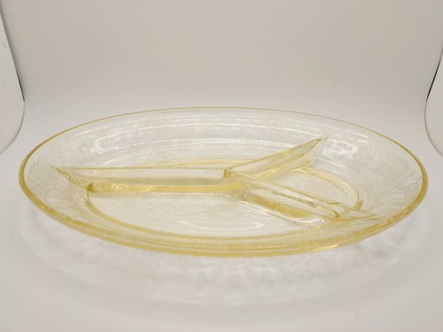 Vtg Florentine #2 Yellow Hazel Atlas Depression Glass Divided Oval Relish Dish - Picture 2 of 11