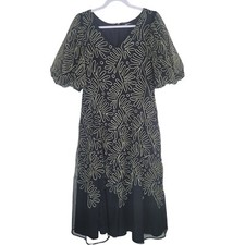 eShakti Midi Dress Size Medium Black A-Line Tulle Embroidered Puff Sleeve Boho