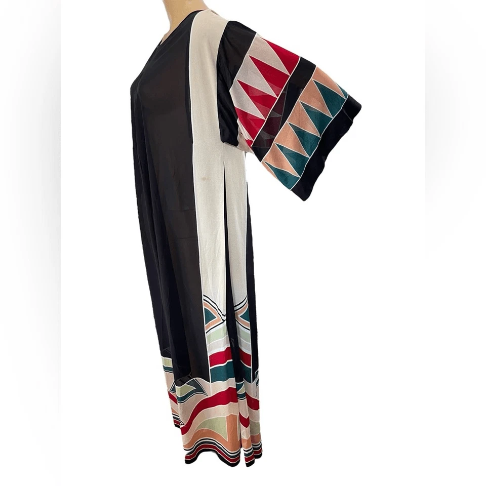 Vestido de Lujo Gottex Vintage Años 70 Transparente Hippie Geométrico Psicodélico Manga Campana Foto 4 de 4