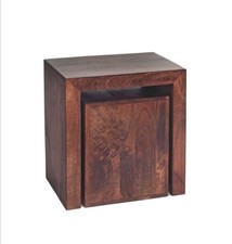 Solid Mango Wood Modern Small Cubed Occasional Nest of 2 Tables in Waxed Finish