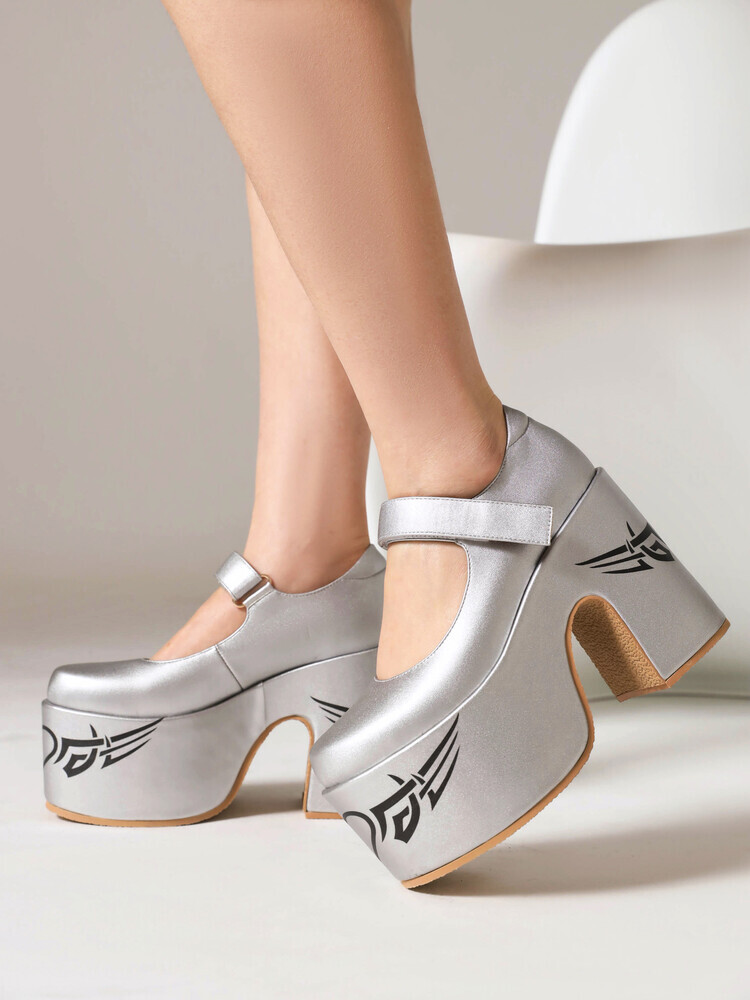 Womens 2023 Fashion Round Toe Printed Platform Chunky Heel