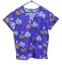 Serene Uniforms Women Scrub Shirt Large Purple Halloween V-Neck NWT