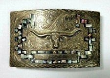 Large Vintage Sterling Silver Abalone Texas Longhorn Belt Buckle