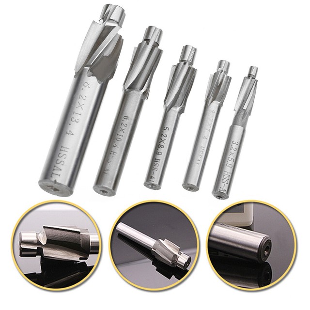 5pcs M3-M8 HSS-AL 4 Flute Countersink End Mill Cutter Drill Bit Slot Kit Tools