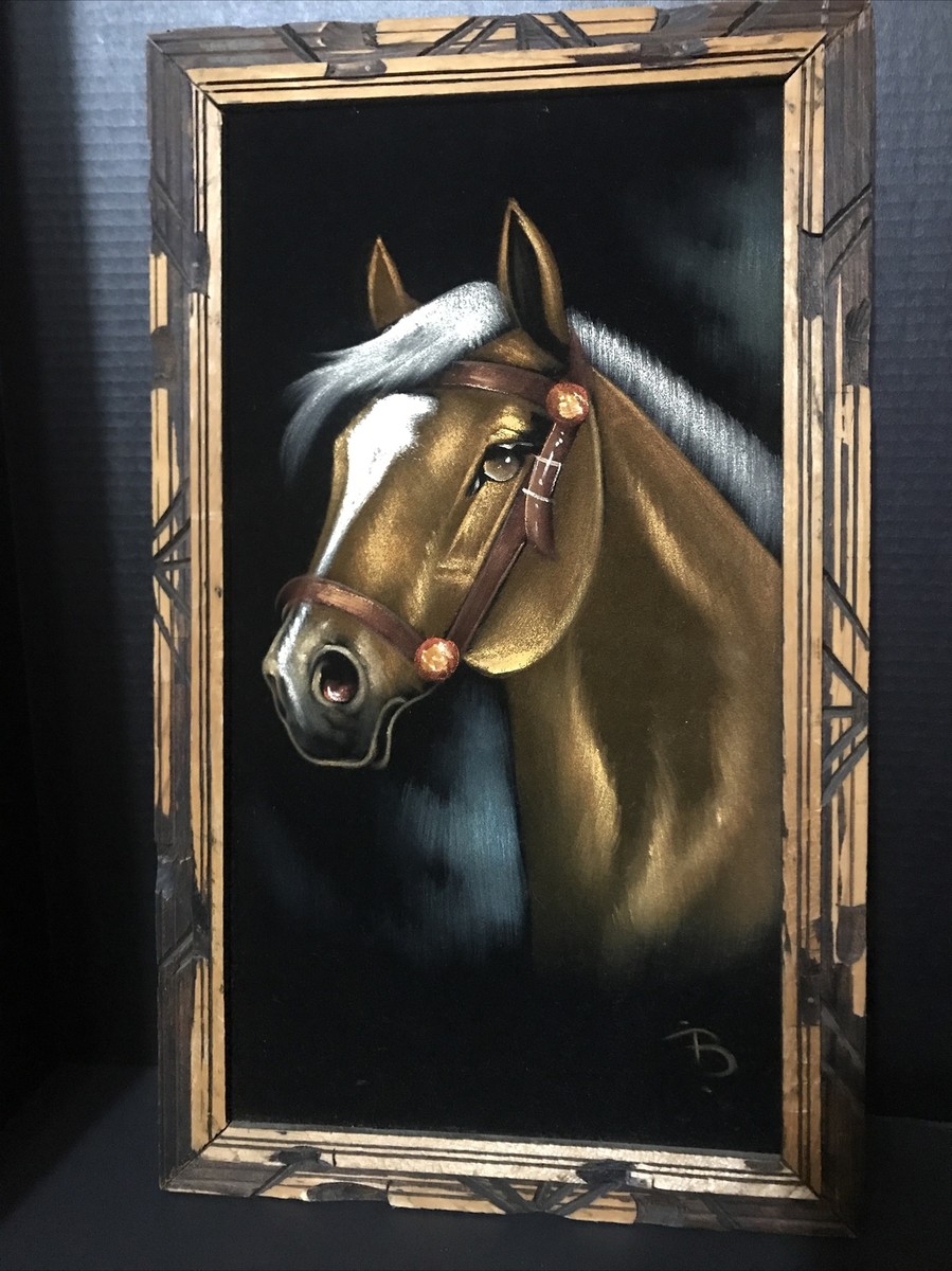 絵画 Velvet Vintage Velvet Painting Horse Head Framed Rectangular 22 X 13 made