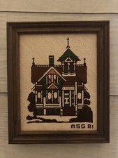 Framed Vintage Cross Stitch Picture Of House