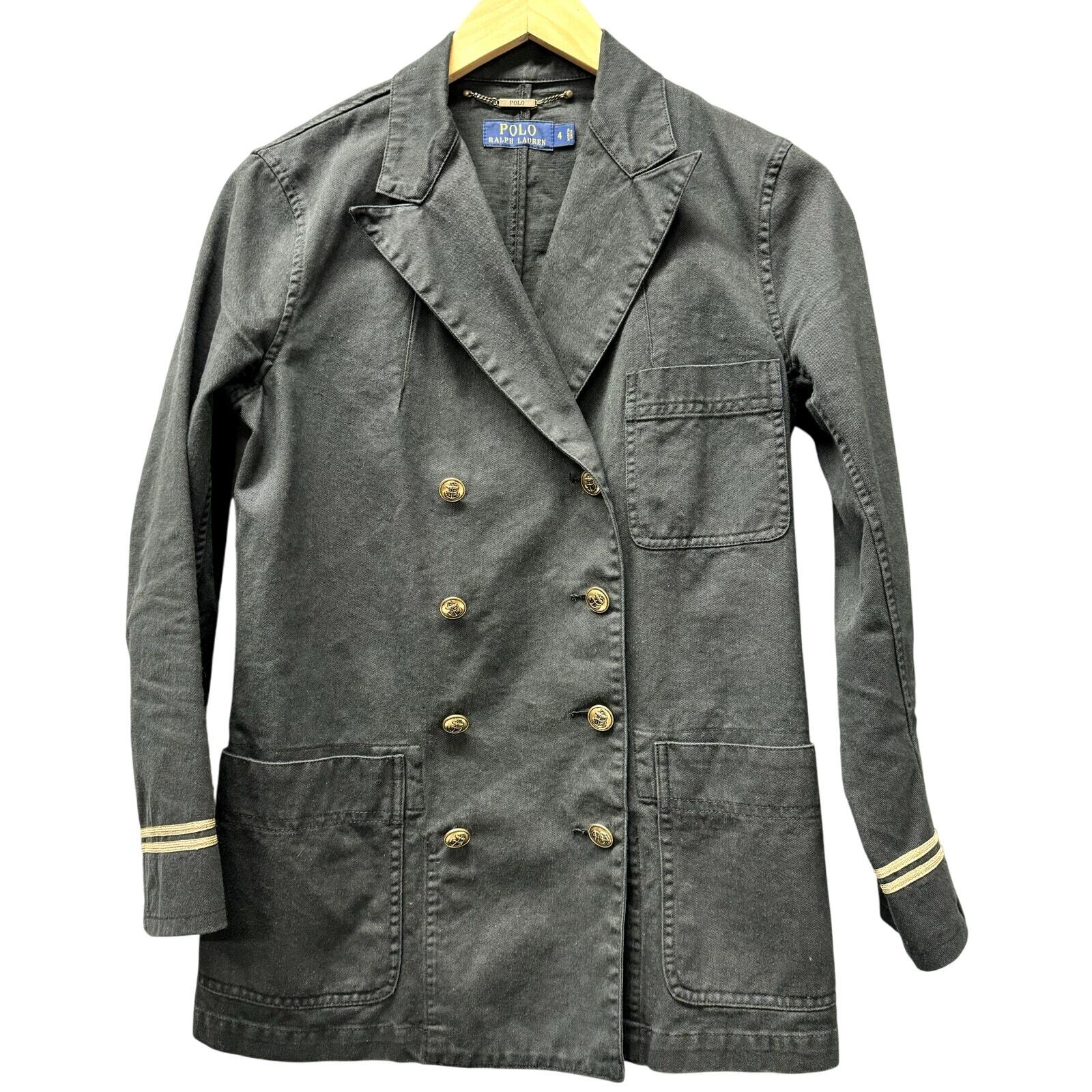 Polo Ralph Lauren Blazer Womens 4 Black Denim Military Double Breasted Gold Pipe