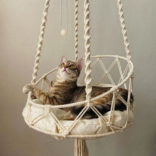 Hammock Cat Bed Swing Cat House String Bag Hand Woven Hanging Basket Pet Nest UK - Picture 15 of 24