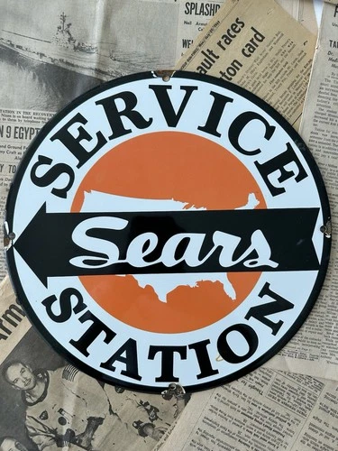 VINTAGE SEARS SERVICE STATION AUTO DEALER GAS OIL 12 INCH PORCELAIN ENAMEL SIGN