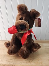 Valentines 10 inch plush dog with rose in mouth Brown.