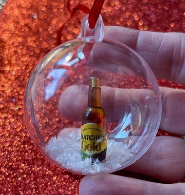 Handmade THATCHERS GOLD CIDER BOTTLE & SNOW BAUBLE hanging decoration XMAS TREE