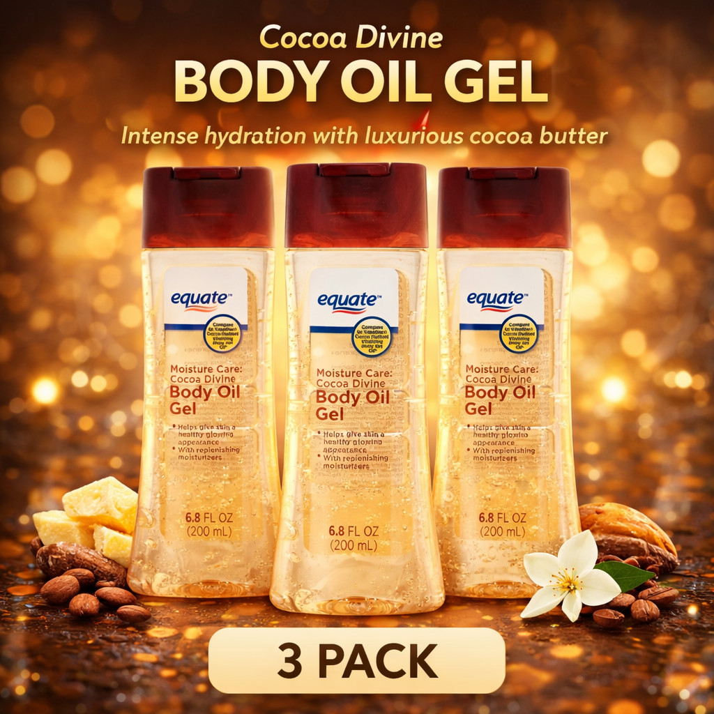 3 Pack Equate Moisture Care Cocoa Divine Body Oil Gel 6.8 Oz