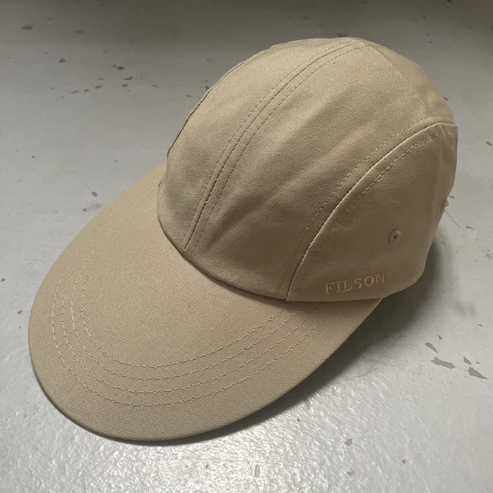 Vintage Filson Cotton Canvas Long Bill Cap Made In USA Leather Strap OS NWOT?