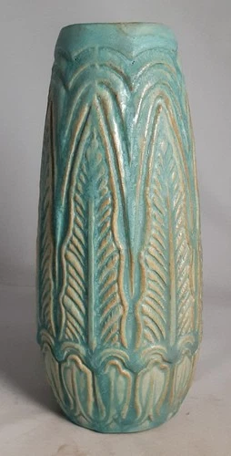 Weller Pottery Orris Matte Green Vase 1915 Arts & Crafts Relief Floral Design 8"