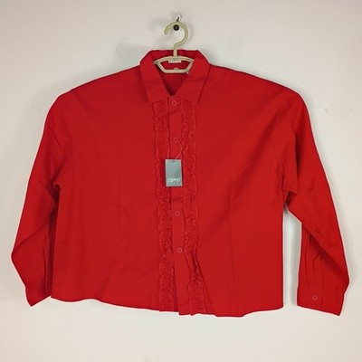 VTG 90s Deadstock Esprit Sport Red Buttons LS Ruffle Front Baggy Blouse Sz M
