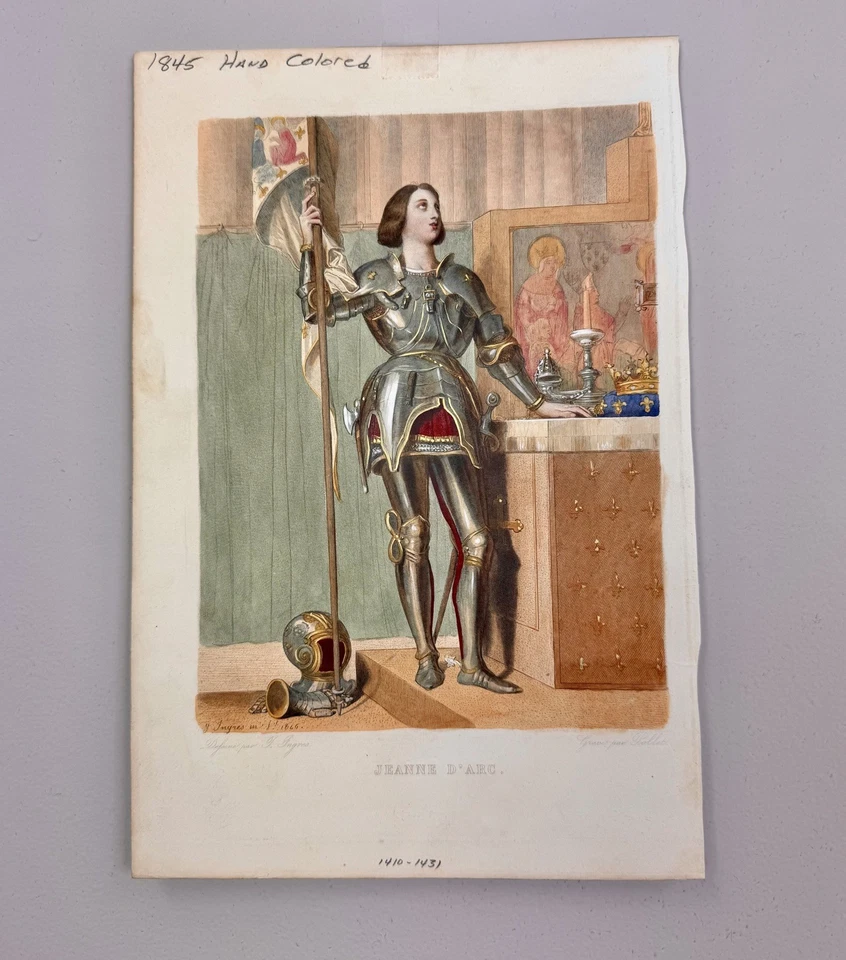 Juana de Arco en armadura con bandera grabado por Pollet 1845 retrato antiguo  Foto 2 de 4