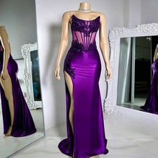 Purple Strapless Long Prom Dresses High Slit Appliques Birthday Party Gowns New