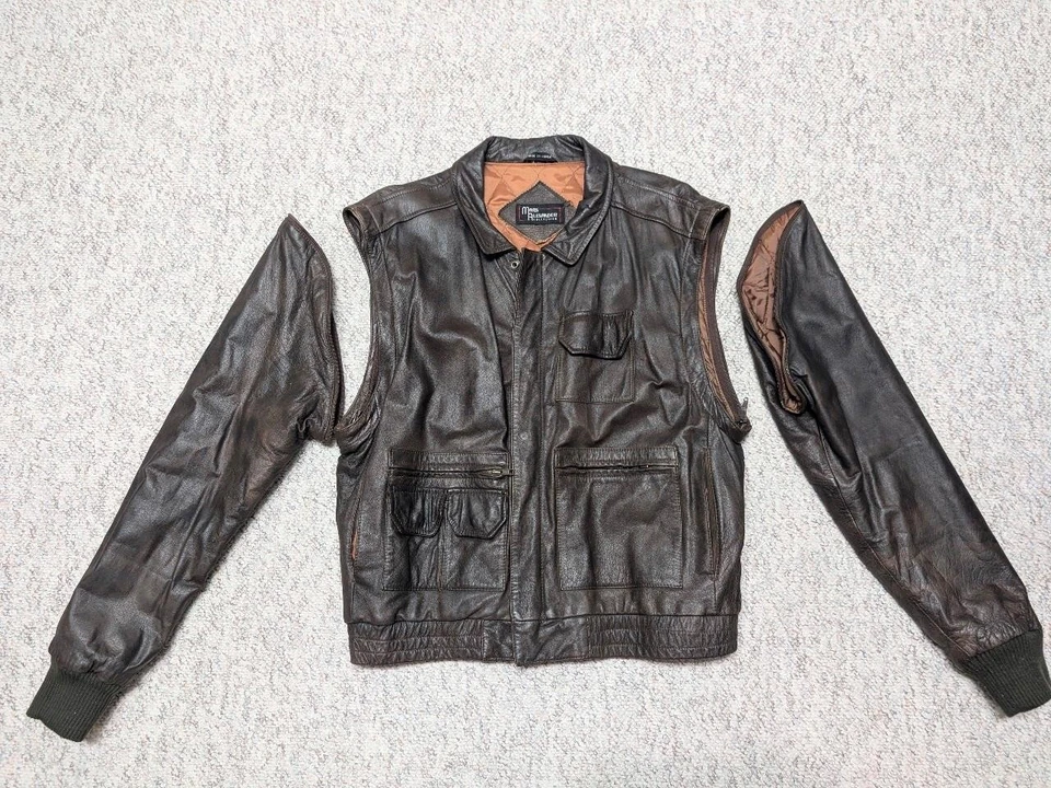 Chaleco convertible BOMBER de cuero vintage años 80 40 marrón chaqueta FLYERS FLIGHT A2 Foto 2 de 4