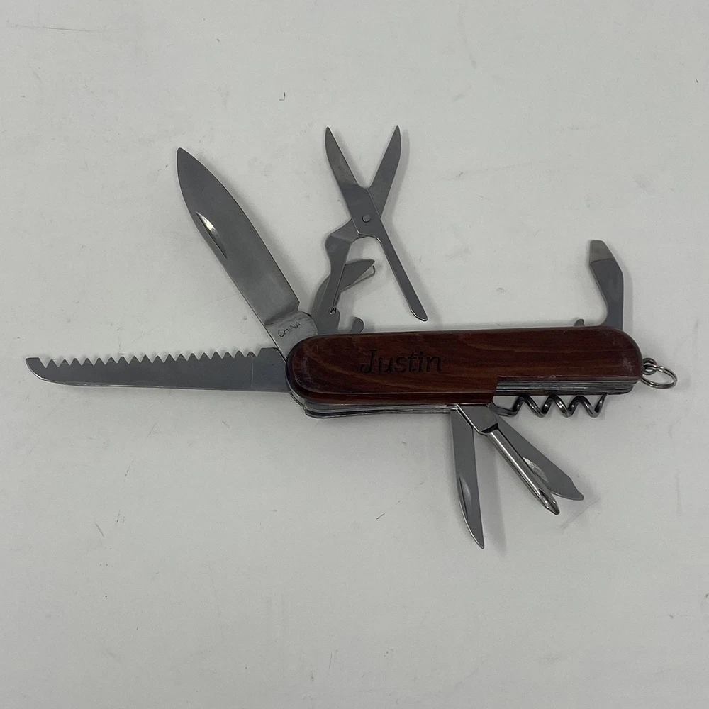Multi-tool Pocket Knife Justin Kansas Buffalo Engraved On Wood Handle Souvenir