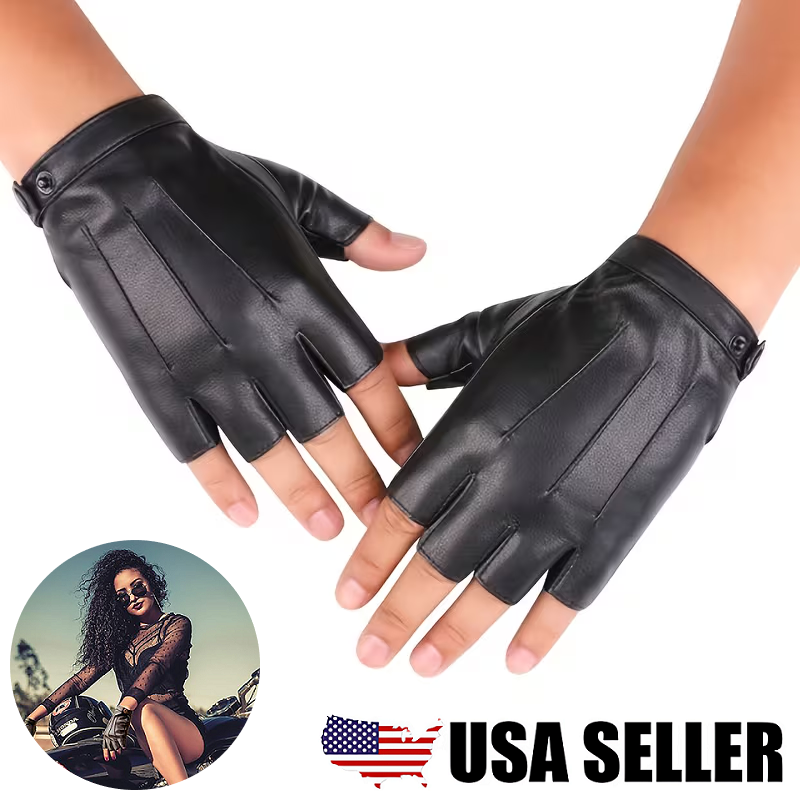 2× Men PU Leather Fingerless Gloves Mittens Winter Warmer Driving Cycling Biker