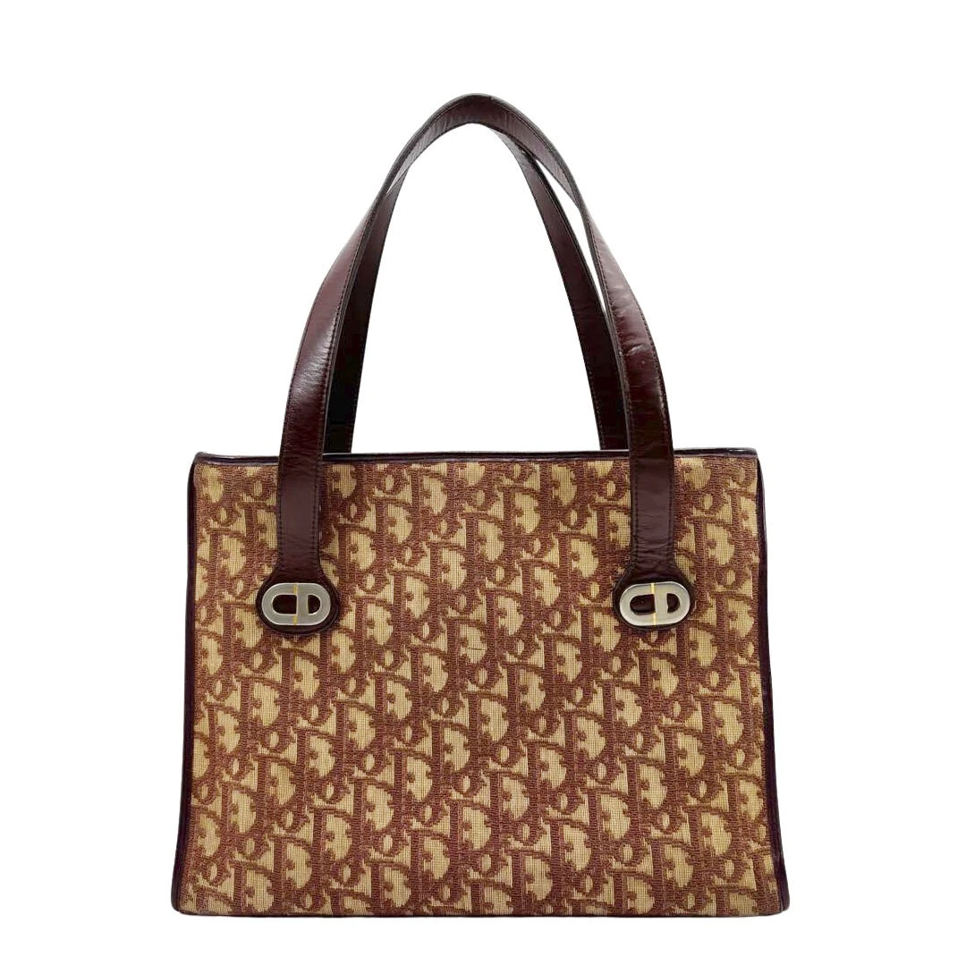 Sac fourre tout Christian Dior vintage trotteur toile jacquard cuir marron