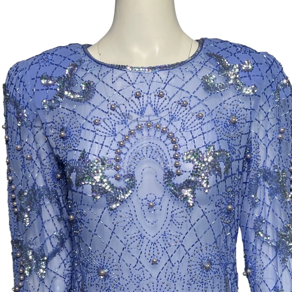 Vestido de cóctel Lillie Rubin vintage azul con cuentas lentejuelas Art Deco años 80 glamour talla M Foto 2 de 4