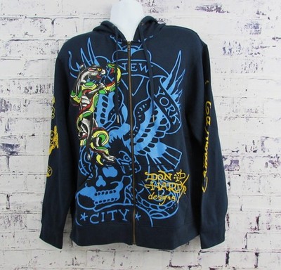 Ed Hardy Men's Size 2XL Blue Full Zip Panther Bulldog Fleece Hoodie NWT.