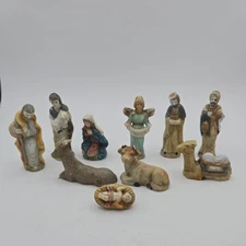 Vintage 10 piece White Ceramic Nativity Scene People animal manger Figures 