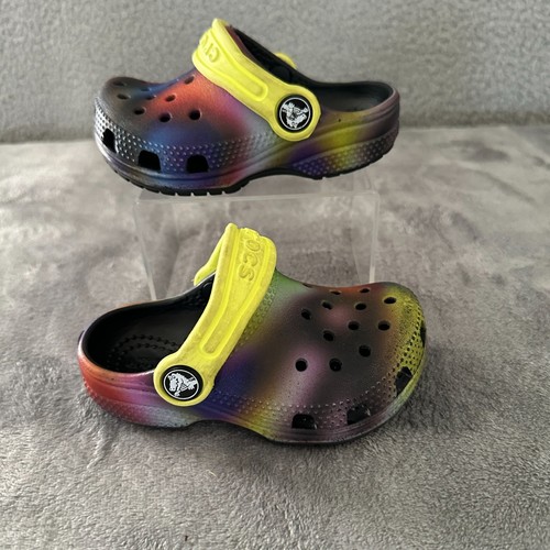 Crocs Classic Clog Toddler C6 Solarized Rainbow Neon Yellow Strap Comfort Shoes - Picture 2 of 8