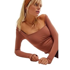 Intimately Free People Clean Lines Long Sleeve Crop Top Square Neck Pink Medium