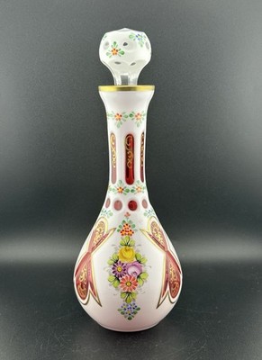 VTG Moser Czech Bohemian Glass White Enamel Cased Ruby Red Glass Decanter