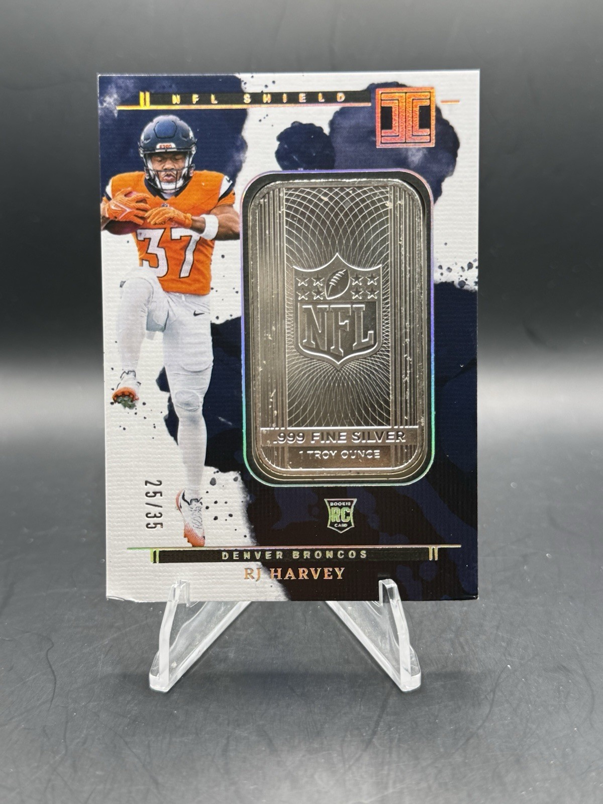 2025 Panini Impeccable /35 .999 Silver Ounce Bar RJ HARVEY Broncos RC Rookie MP1