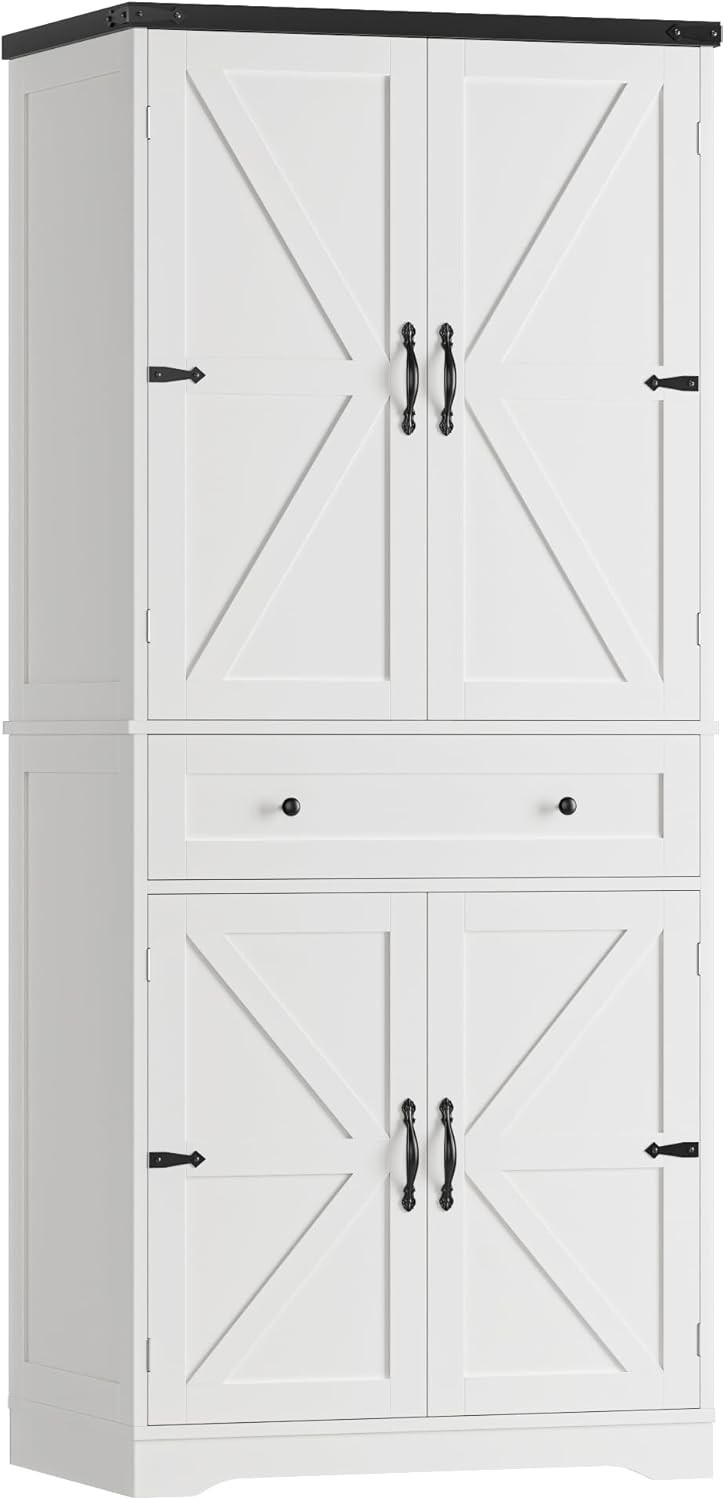 71-Inch Farmhouse Pantry Cabinet with Barn Doors and Adjustable Shelves for Kitchen Storage