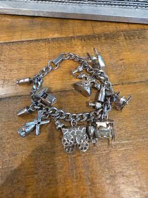 Vintage Themed Silver Charm Bracelet, Telephone,  Cover Wagon,  Well,...