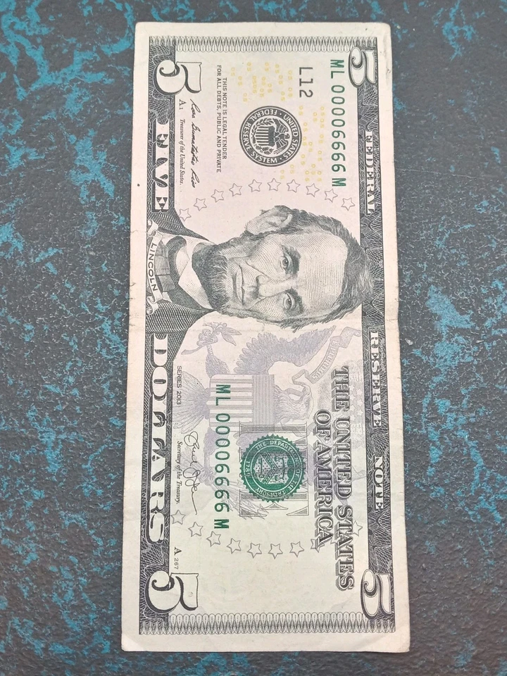 EXTREMELY RARE SERIAL NUMBER 2013 $5 BILL 00006666 - Image 2 of 3
