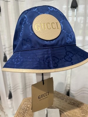 GUCCI ネイビー ハット GG GUCCI 631958 Eco Washed Denim Wide Brim Hat Size M Canvas Logo GG
