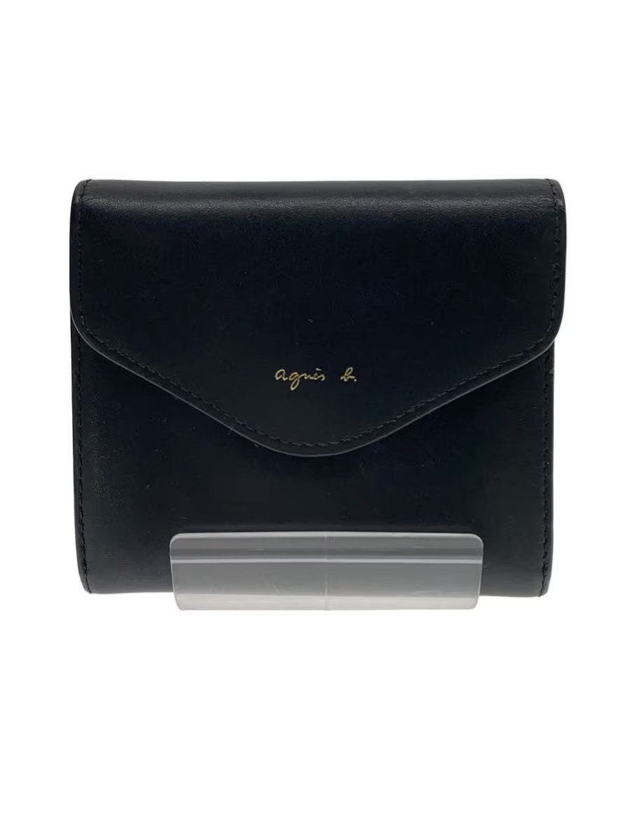 agnes b. Bi-fold wallet, leather, black, plain, for women