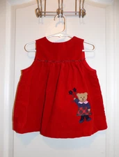 VTG Girls Red Corduroy Jumper Dress 18M Teddy Bear Plaid Holiday Sears Samara